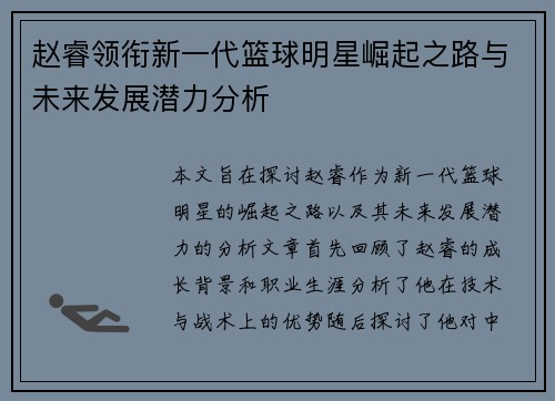 赵睿领衔新一代篮球明星崛起之路与未来发展潜力分析